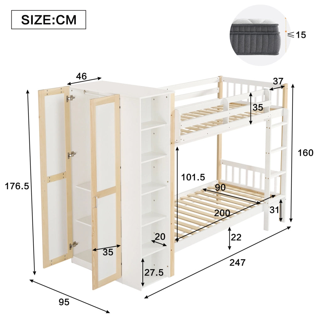 Letto a castello 90x200 cm con armadio, ripiani e scala, bianco/naturale