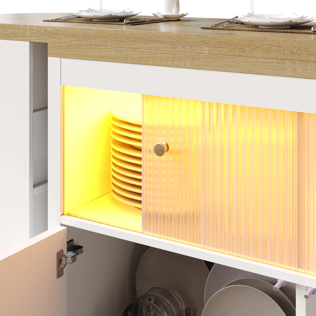 Mobile bar estensibile con vani regolabili LED USB e ruote con freno in MDF e vetro bianco 135 × 39 × 100 cm