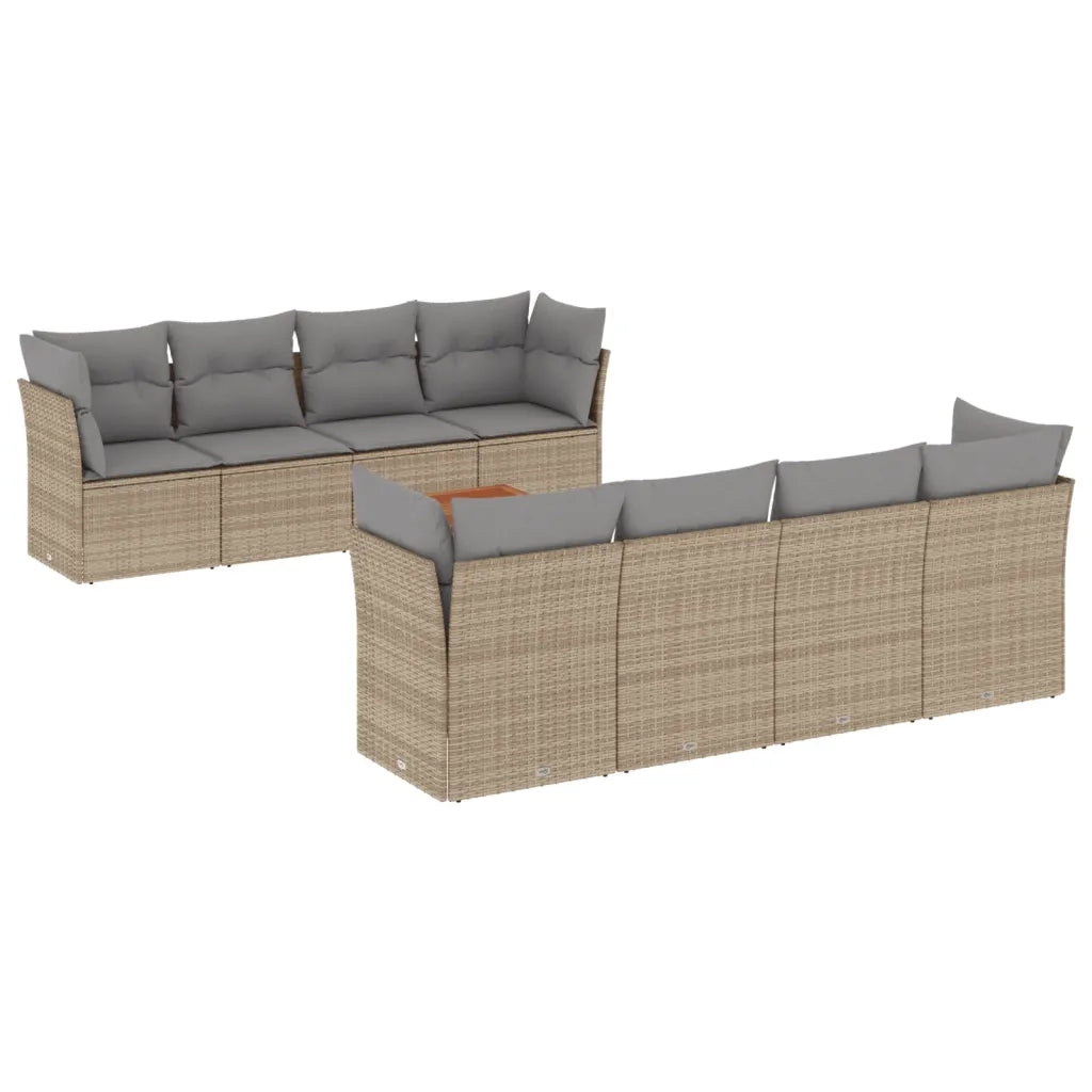Set Divano da Giardino 9 pz con Cuscini Beige in Polyrattan