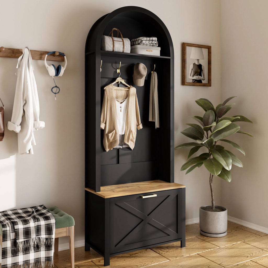 Mobile Ingresso Appendiabiti a Albero con Mensola e Scarpiera; in MDF; Nero e Legno; 75??35??195 cm