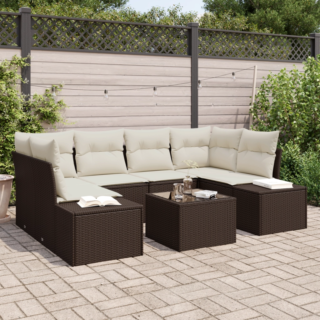 Set divani giardino 7 pezzi con cuscini marroni in rattan sintetico