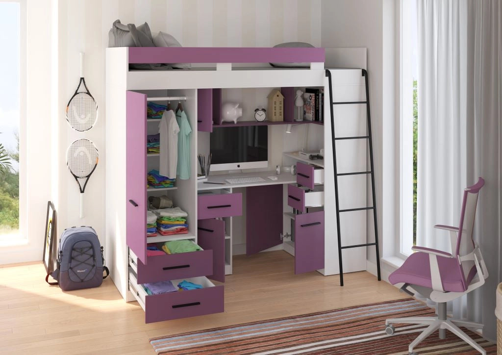 BIM Furniture letto soppalco con scrivania SMYK P cm 110x204x188h Bianco Lavanda