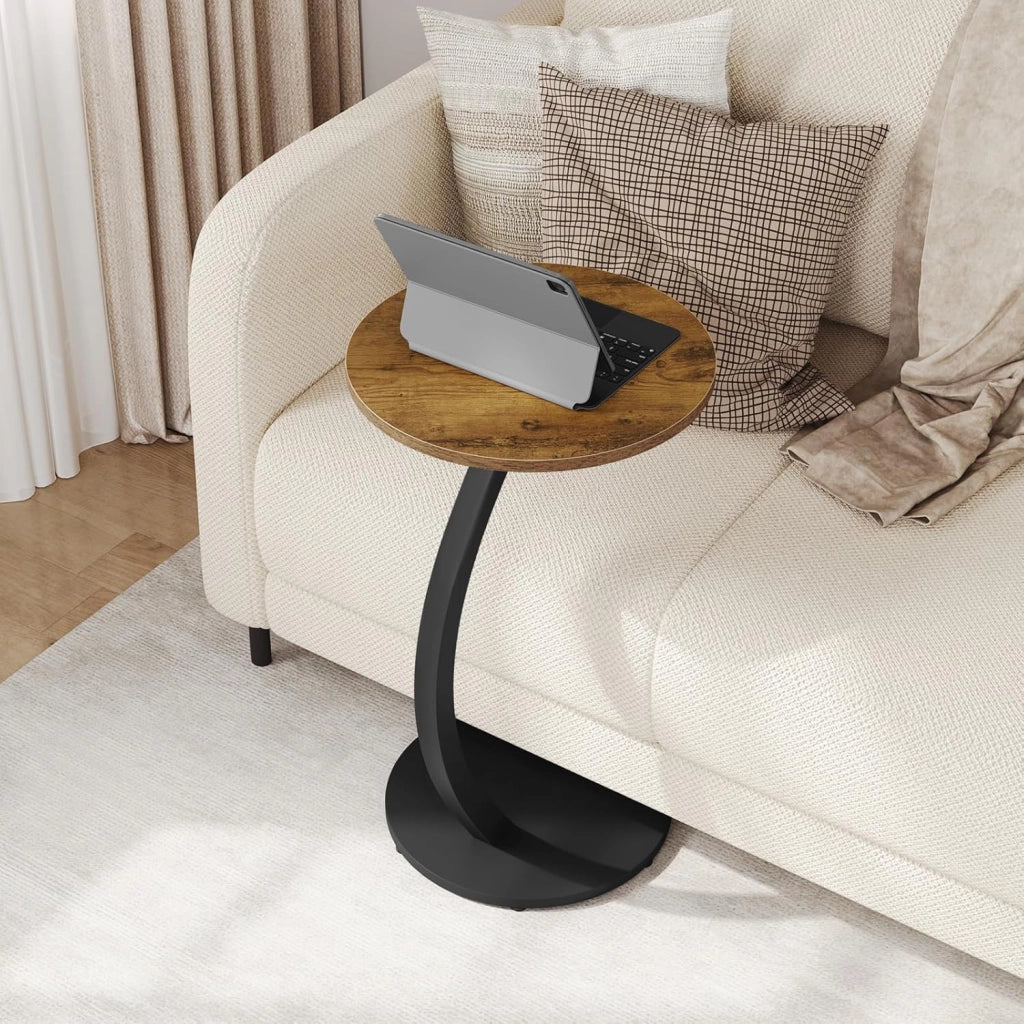 Tavolino Rotondo a Forma di C, Tavolino per Divano Letto, con Struttura in Metallo Piano in MDF, φ40xH65 cm, Nero, BTS21sz