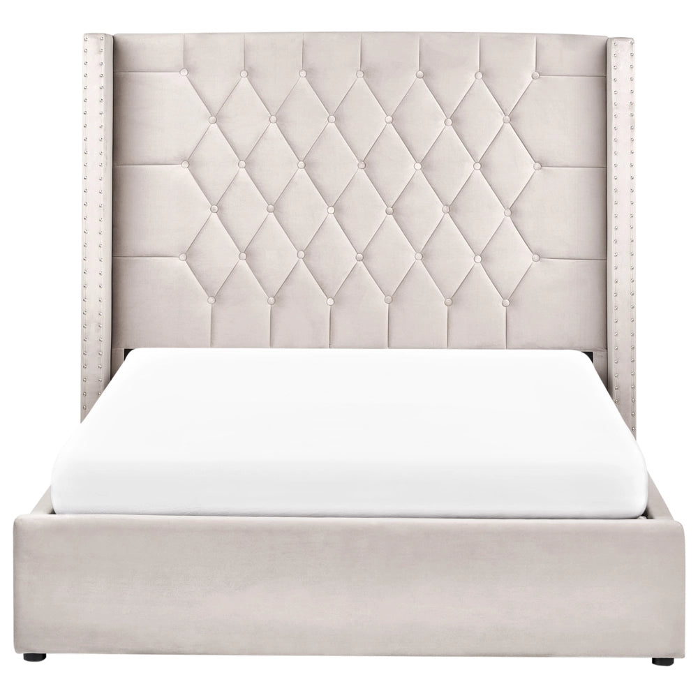 Letto imbottito in velluto tortora con contenitore 140 x 200 cm letto matrimoniale con testata alta