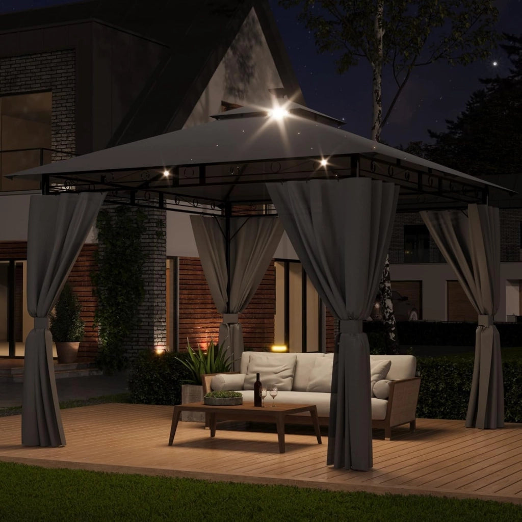 Gazebo Esterno Resistente 3x3m con Luce LED, Gazebo da Giardino Impermeabile Robusto per 4-6 Persone, Doppio Tetto Protezione UV50+, Tenda da Giardino per Famiglie Festival Eventi, Grigio