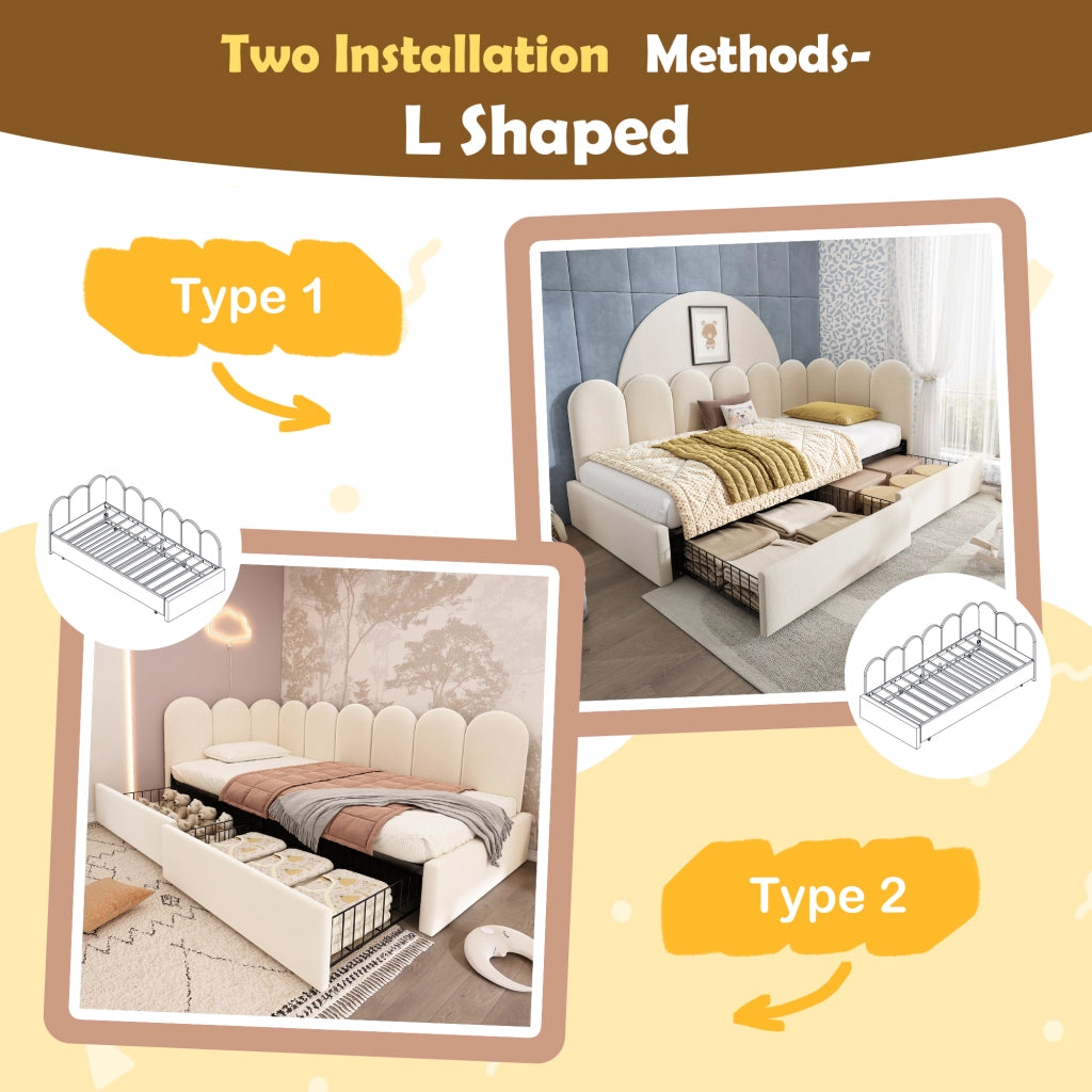 Letto a Divanetto 90x190 cm; Letto Singolo - 2 Cassetti - in Velluto - Beige