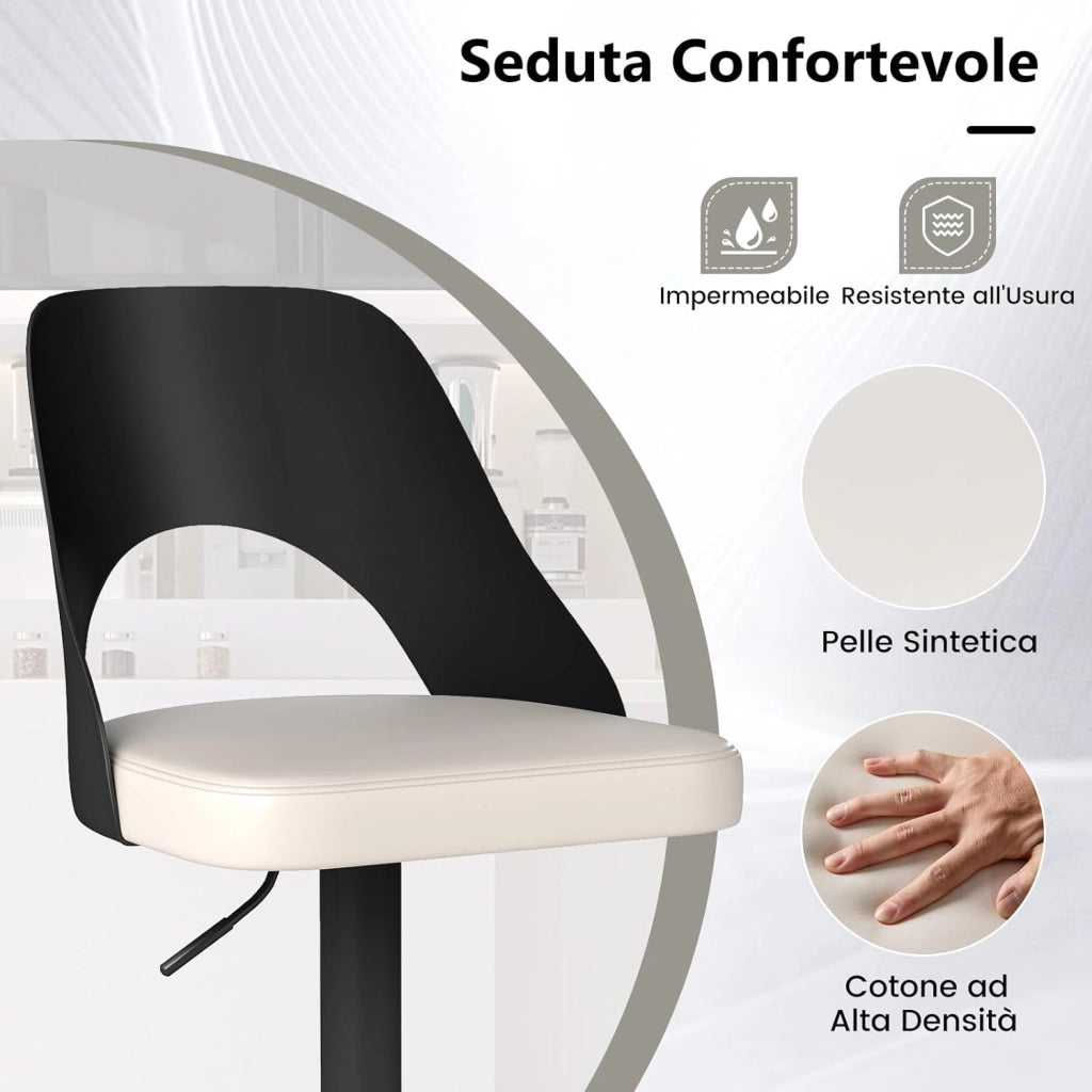 2 Sgabelli Girevoli da Bar Alta 91-111 cm, Set di Sgabelli con Seduta in Ecopelle, Poggiapiedi e Struttura in Metallo, Sedie per Cucina e Bistrò (Nero)