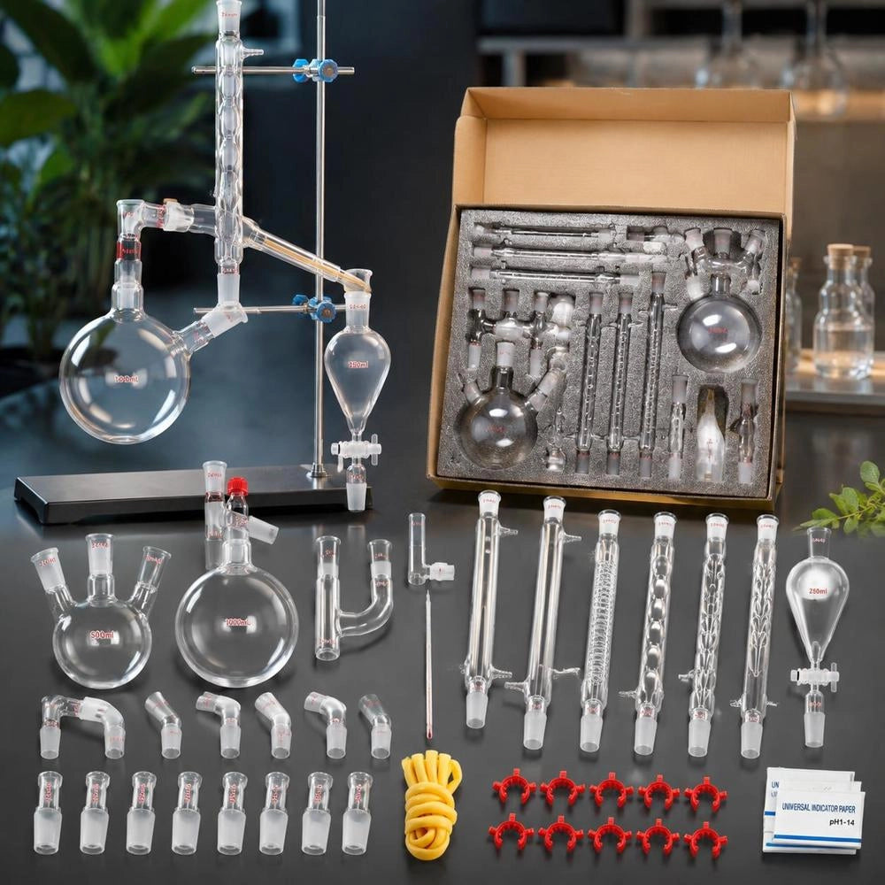 Laboratory Distillation Set, 3.3 Borosilicate Glass Laboratory Distillation Set With 24 And 40 Compounds, 1000 Ml Distillation Apparatus Set For Essential Oils, 32-piece Set With Glassware