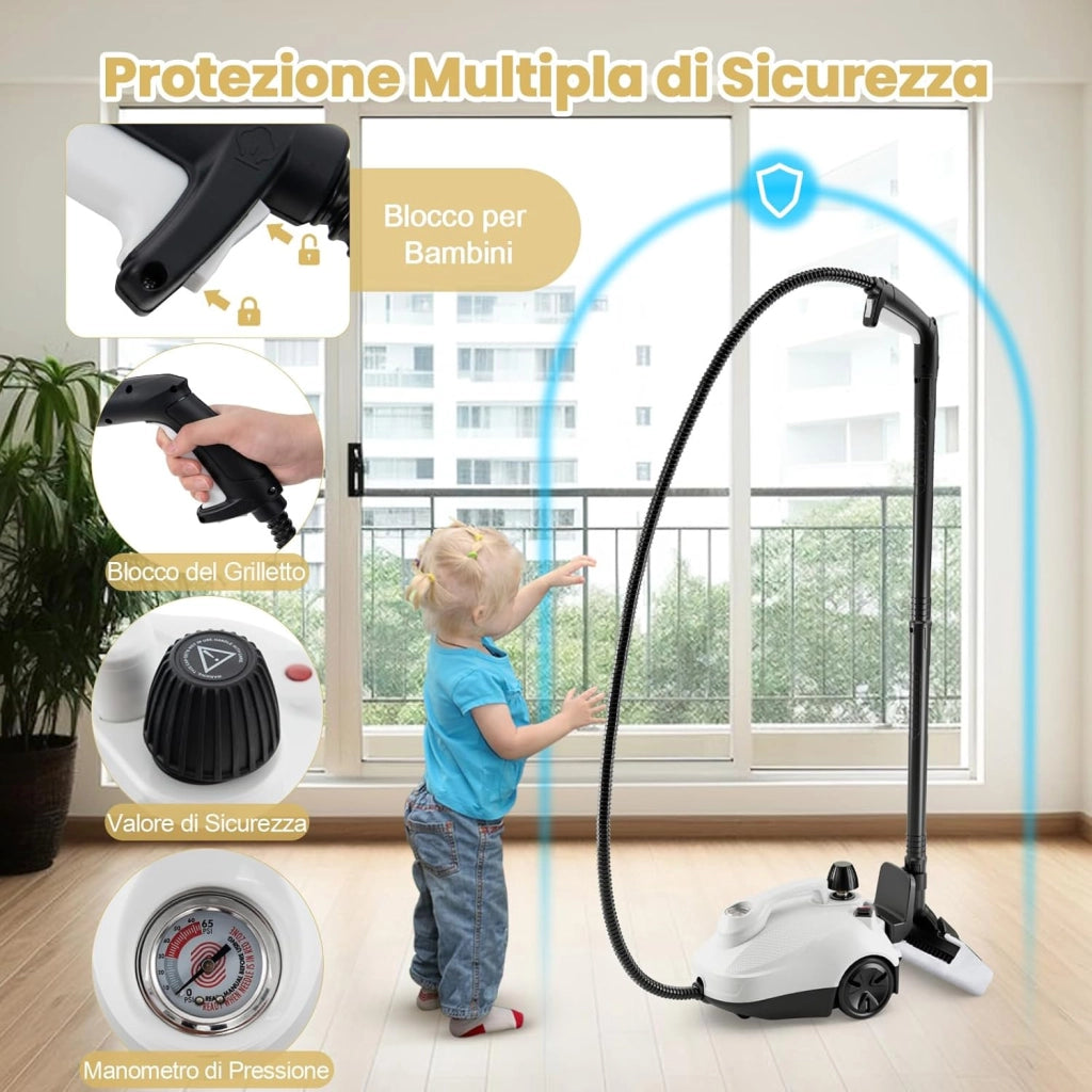 2000W Pulitore a Vapore, Vaporizzatore Portatile con Serbatoio 1,8L, er Uso Domestico con Accessori, Macchina per Pulizia su Pavimenti Finestre Tappeti (Bianco)