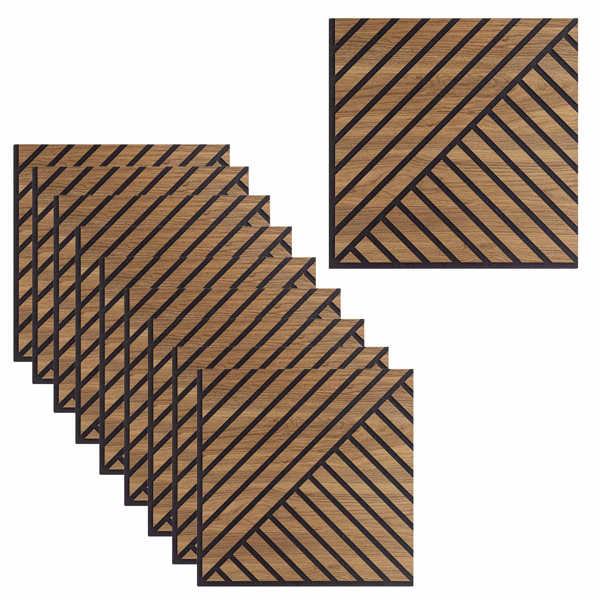 Set 10 Pannelli Decorativi Fonoassorbenti 58x58 cm in MDF Decoro D Obliquo Doppio Noce Asia