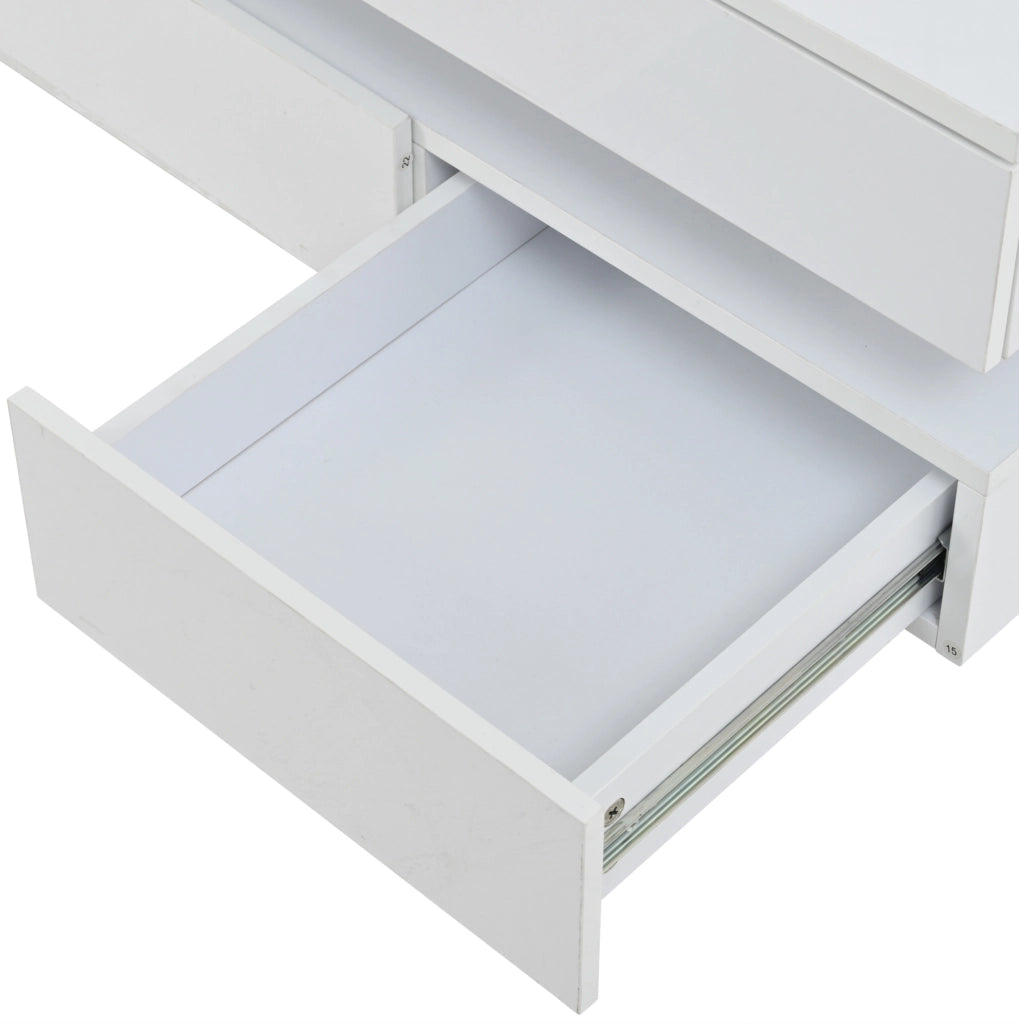 Tavolino da caffè 70x70x35 cm con illuminazione LED; 3 cassetti; vetro e pannello truciolare bianco