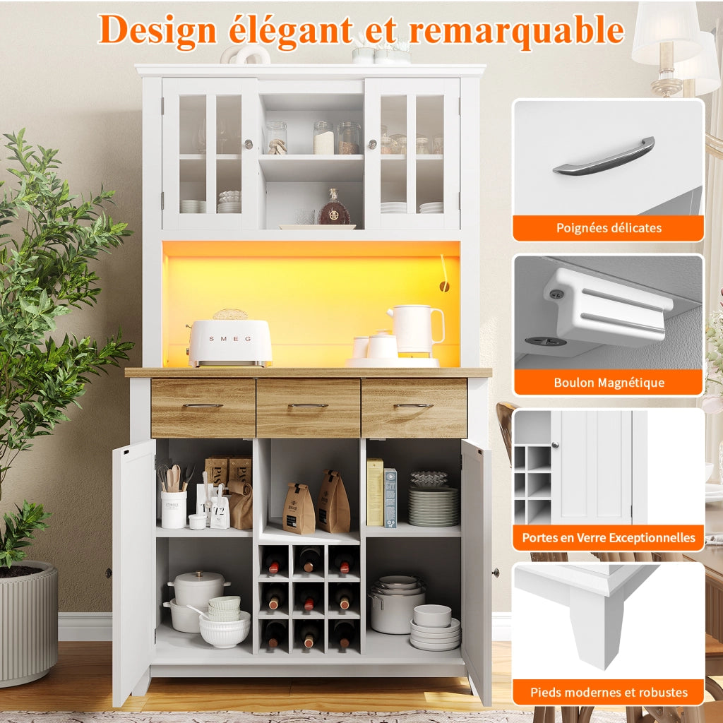 OKWISH Credenza da Cucina con 1 Cassetto, 6 Vani, Portabottiglie da 9 Bottiglie e LED, per Cucina, MDF, Bianco, 106×40×179.5 cm