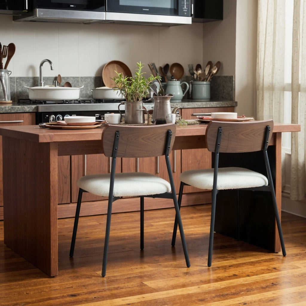Set 2 Sedie da Pranzo con Schienale Curvo e Rivestimento Bouclette ¨C Zephmum ¨C Colore Crema
