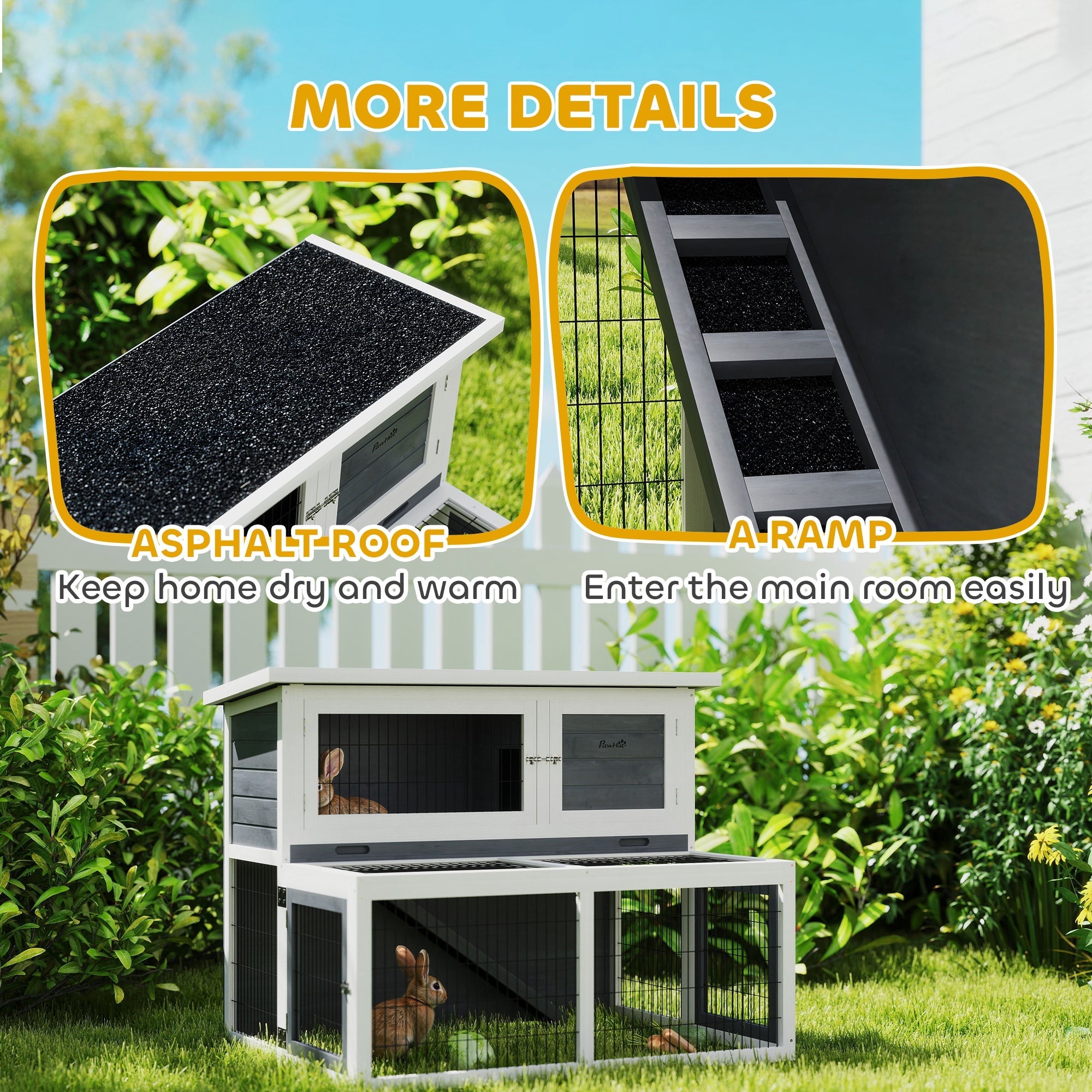 Conigliera a 2 Livelli 122x95x93,5 cm con Vassoio Estraibile  in Legno di Abete e Acciaio Grigio e Bianco