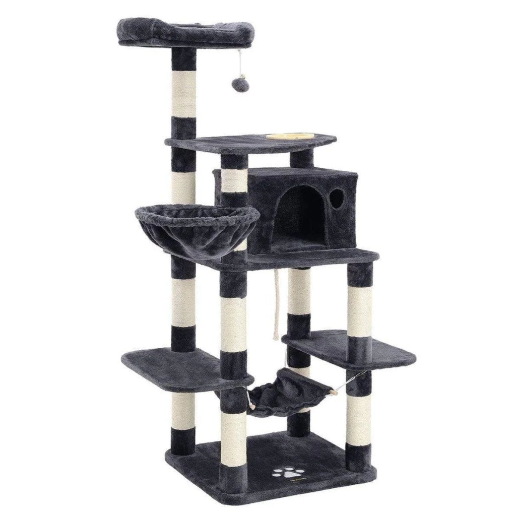 Tiragraffi altezza 174 cm multilivello con ciotola cestino nicchia arredo casa gioco per gattini gatti e felini colore grigio cenere 12_0001180