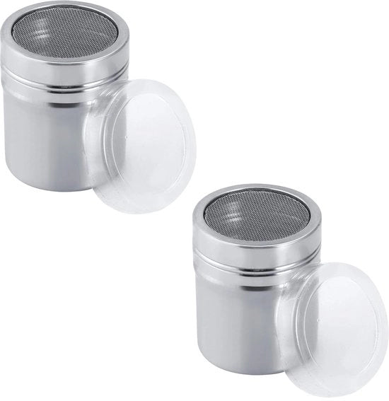 Due shaker in acciaio inossidabile, shaker poedersuiker con coperchio frantumapolvere, shaker cappuccino, shaker poeder, shaker poedersuiker, shaker set mele per cacao, koffie, cioccolato, zucchero, sale.
