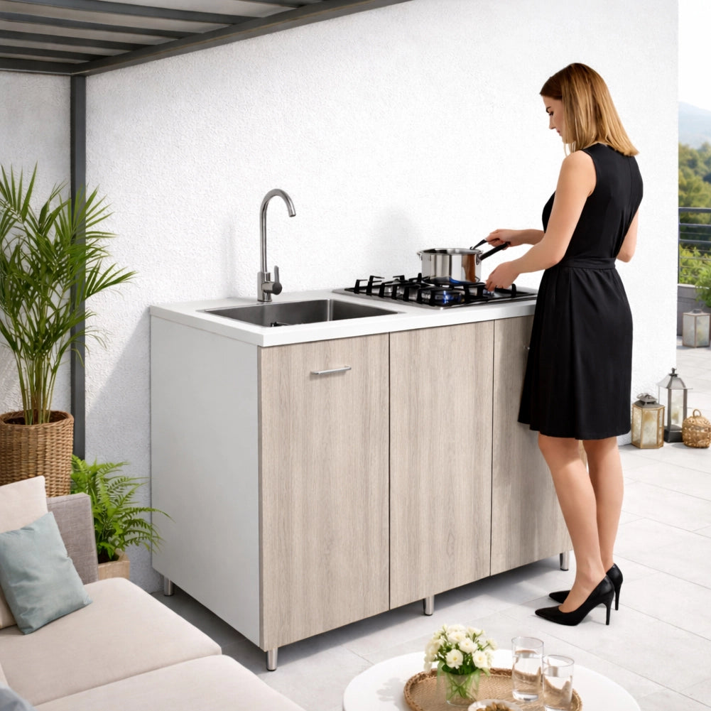 Cucina Completa 120x60cm Olmo Piano Cottura 4 Fuochi Lavello con Rubinetteria