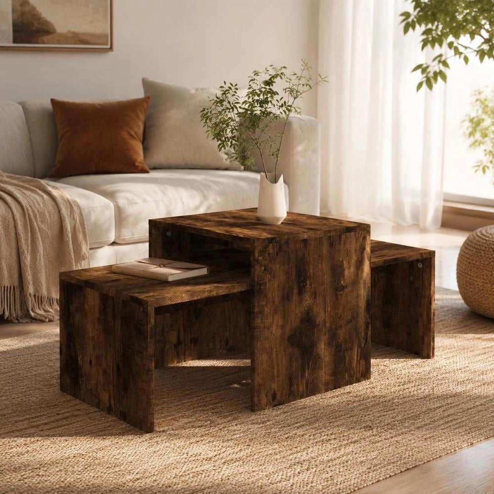 Coffee Table Set Smoked Oak 100x48x40 Cm Wood Material