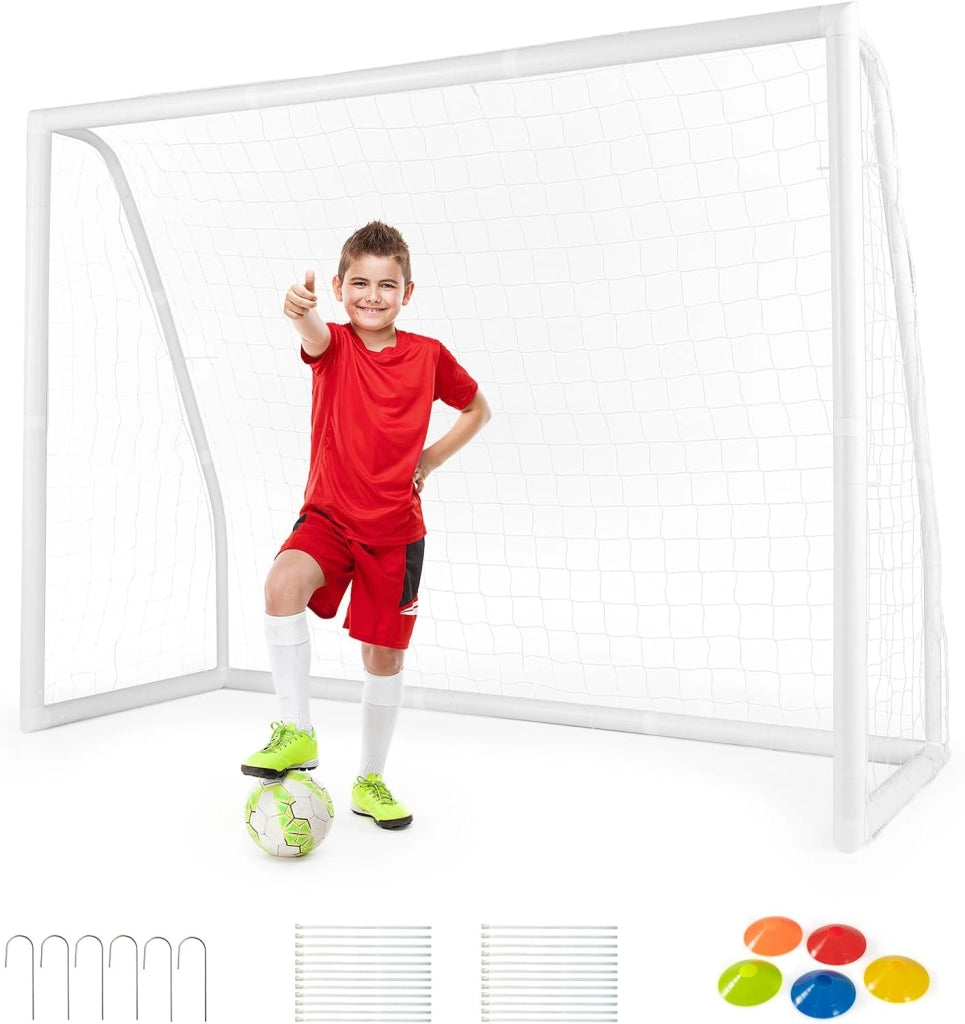 Porto per Calcio per Bambini, Rete da Calcio Resistente alle Intemperie e Telaio in UPVC con Pali di Fissaggio e Coni da Calcio per Allenamenti in Cortile