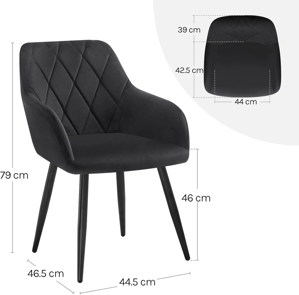 Set di 2 Sedie per Sala da Pranzo Imbottita, Poltroncina in Velluto,Sedia da Cucina con Braccioli e Schienale, Gambe in Metallo, Nero, BH352sz-2