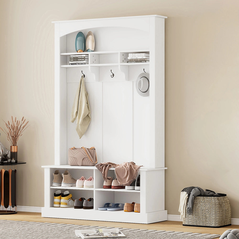 Armadio con panca e scarpiere - Xylo - H190xL120xP40 cm - Bianco - 3 ganci e ripiani