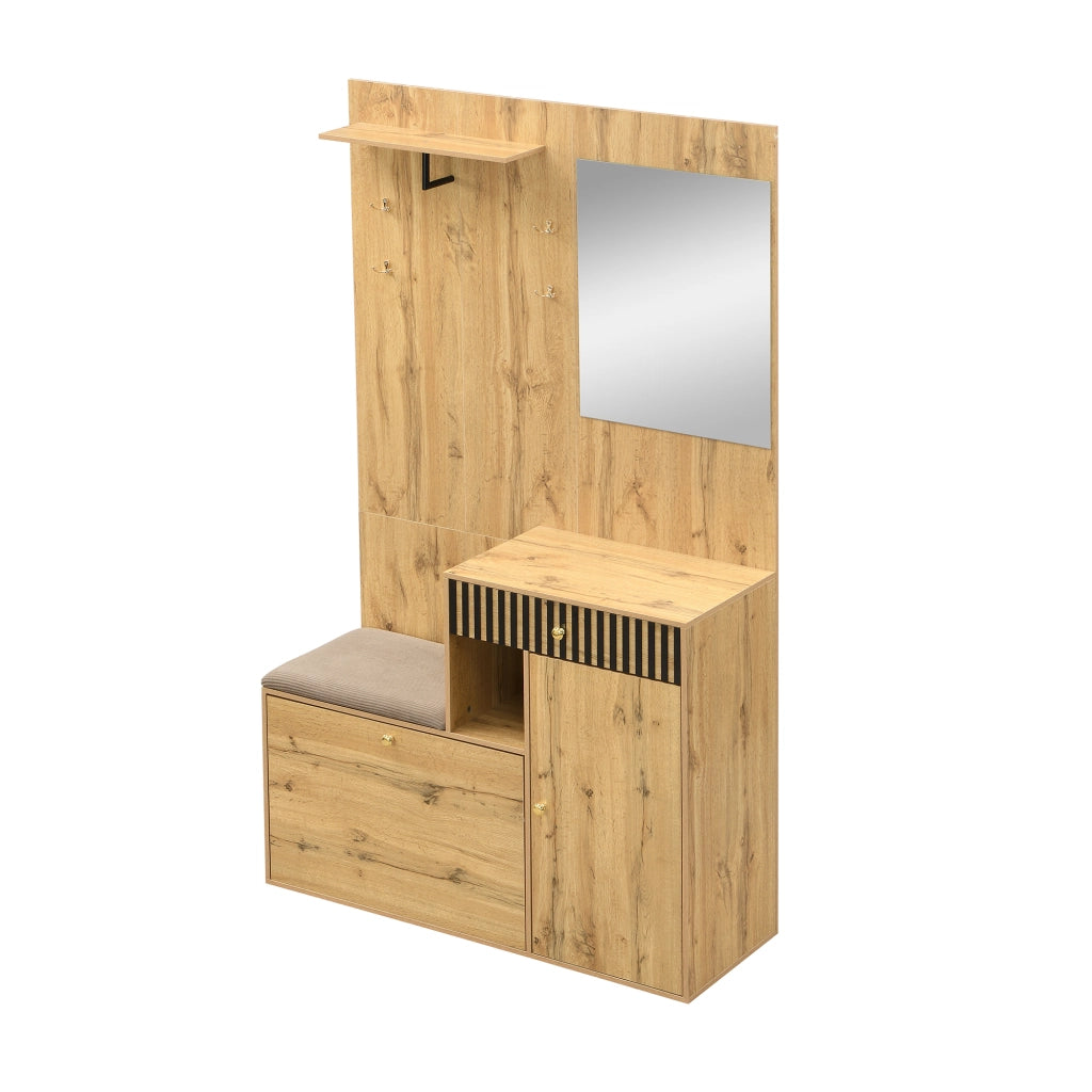 Set di Mobili da Ingresso con Scarpiera, Specchio, Panca Imbottita, Ripiani, MDF Nero Naturale