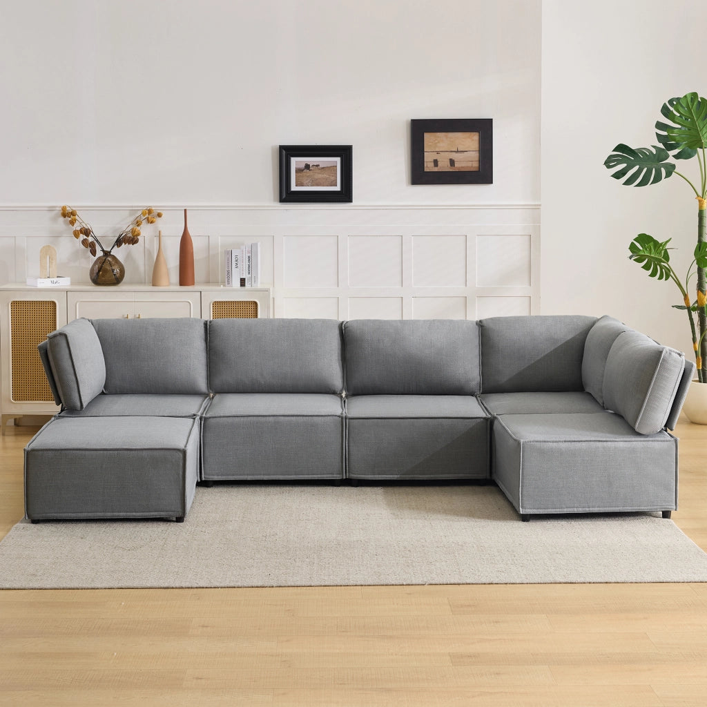 Divano modulare con funzione letto e seduta confortevole in tessuto grigio chiaro 308 × 152 × 77 cm