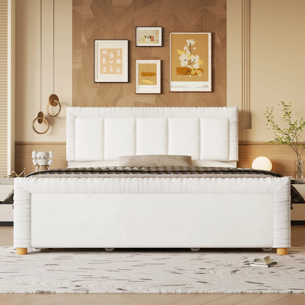 Letto imbottito 140x200 cm in velluto beige con 2 cassetti contenitore