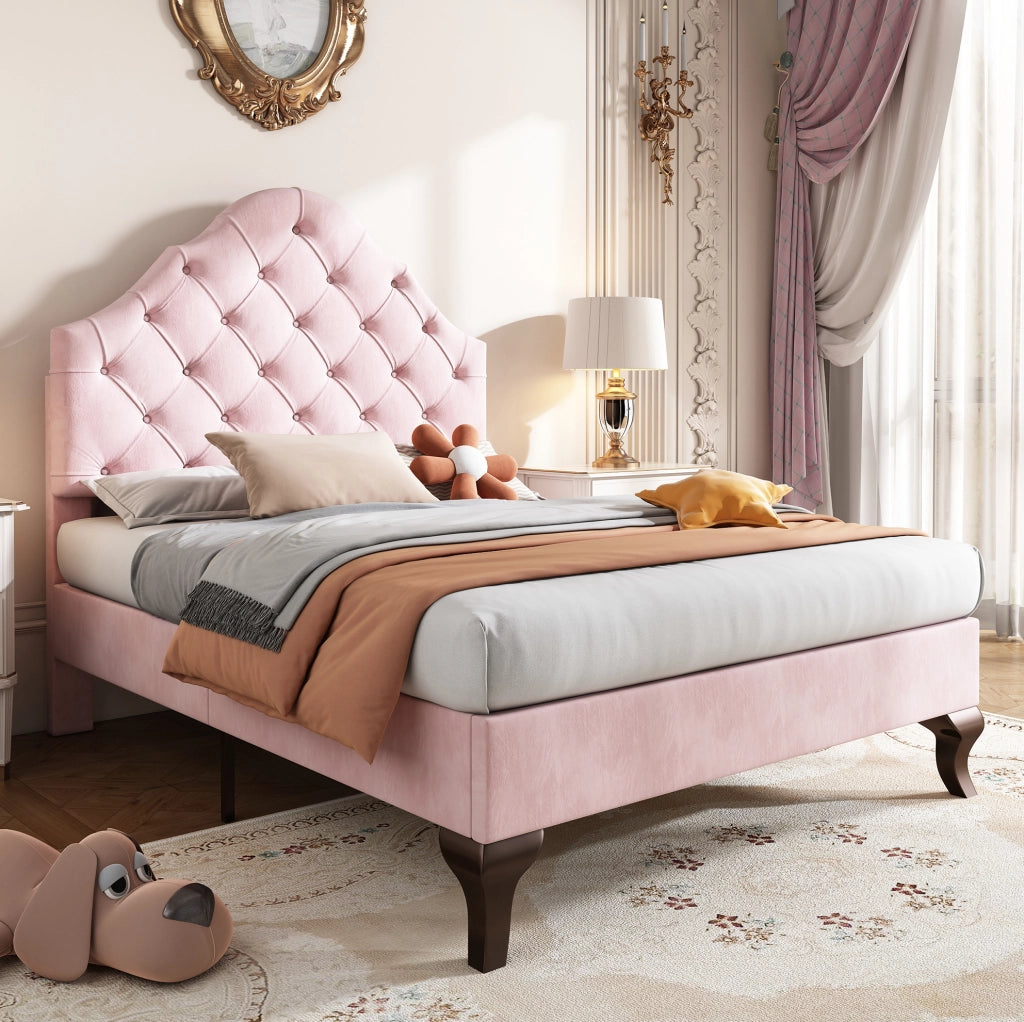 Letto singolo imbottito in velluto rosa 90 x 200 cm