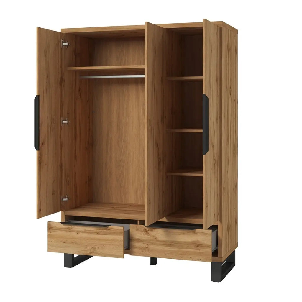 Camera completa stile industriale collezione MILOS: armadio 3 porte, letto 160x200, cassettiera, comodini, rovere grezzo e nero