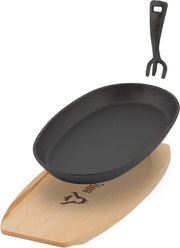 Pannini da servire in ghisa con sottopiatto in legno - Ovale 27 x 18 cm - Preincisi e termoresistenti