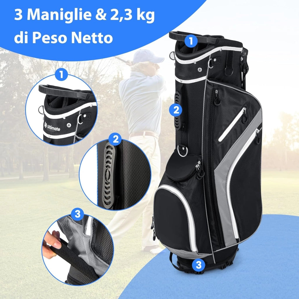 Sacca per Mazze da Golf, Borsa da Golf con Supporto, Divisori a 14 Vie, 6 Tasche, Borsa Frigo, Doppia Tracolla e Cappuccio Antipioggia, Ideale per Uomini e Donne