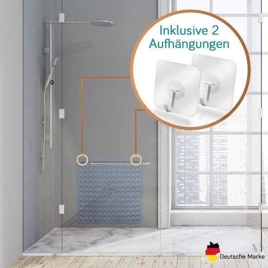 Douchemat antiscivolo 53 x 53 cm con attacco - BPA libero, senza detergenti chimici, resistente alla muffa e lavabile in lavatrice - Grigio scuro