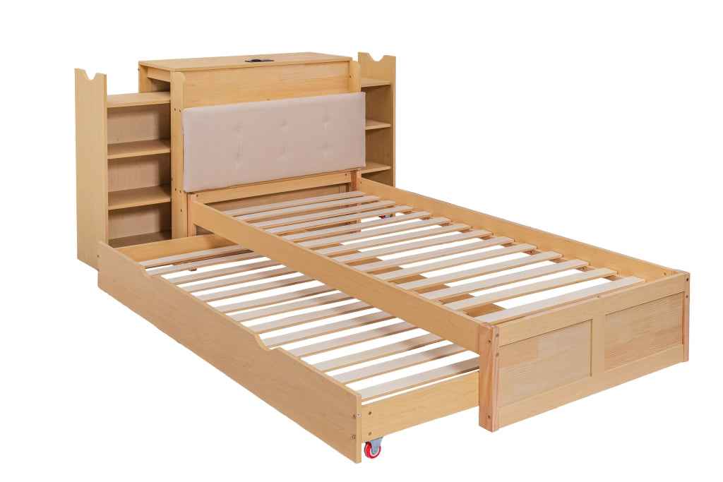 Letto Contenitore con Estraibile 90x200 ¨C MINIMAL ¨C Testiera Imbottita, USB, Legno