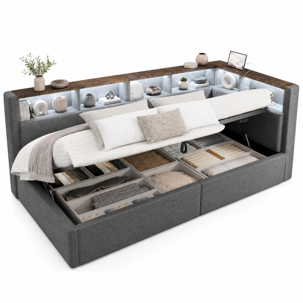 Daybed 90x200 cm grigio con LED, USB-C, vano idraulico e contenitori