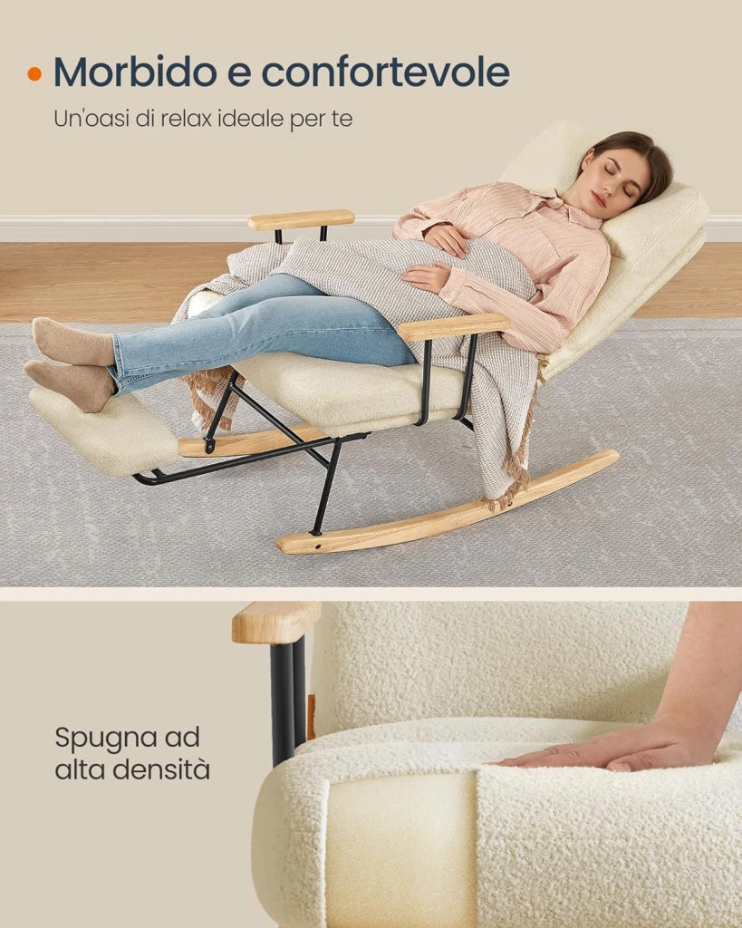 Poltrona a Dondolo, Gambe in Legno di Hevea, Sedia a Dondolo, Schienale Regolabile a 4 Posizioni, Portata Massima 160 kg, Camera da Letto Soggiorno, Marrone Cammello LYY016LJ01