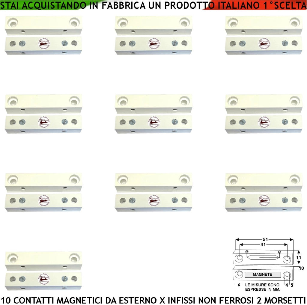 Rilevatore Magnetico Esterno 10 Pezzi Allarme Infissi Non Ferrosi Contatto Reed Uscita NC 2 Morsetti Sensibilità Magnetica 13mm Tensione Transito Max 30 V 0,5 A Carico Resistivo Cover ABS Bianco IP40