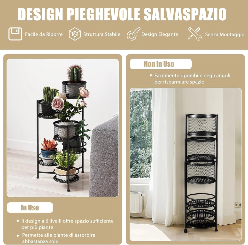 Porta Piante da Interno Pieghevole, Scaffale per Piante e Fiori in Metallo a 6 Livelli,Porta Vasi Salvaspazio da Balcone e Salotto, 41 x 39 x 82 cm (Nero)