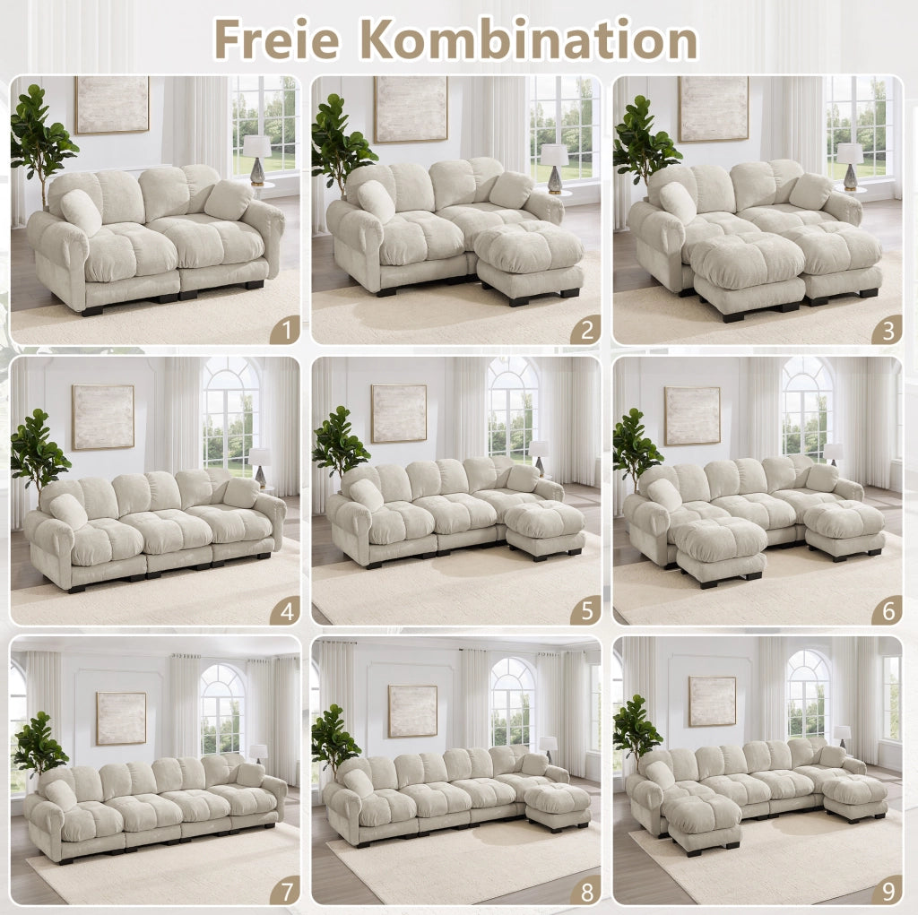 Divano modulare in ciniglia con ottomana mobile; 190 x 149 x 90 cm; kaki chiaro