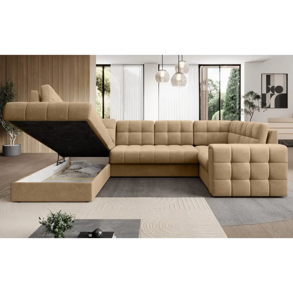 Divano ad angolo convertibile MONTEZA marrone chiaro sinistro 299 cm con vano contenitore e letto