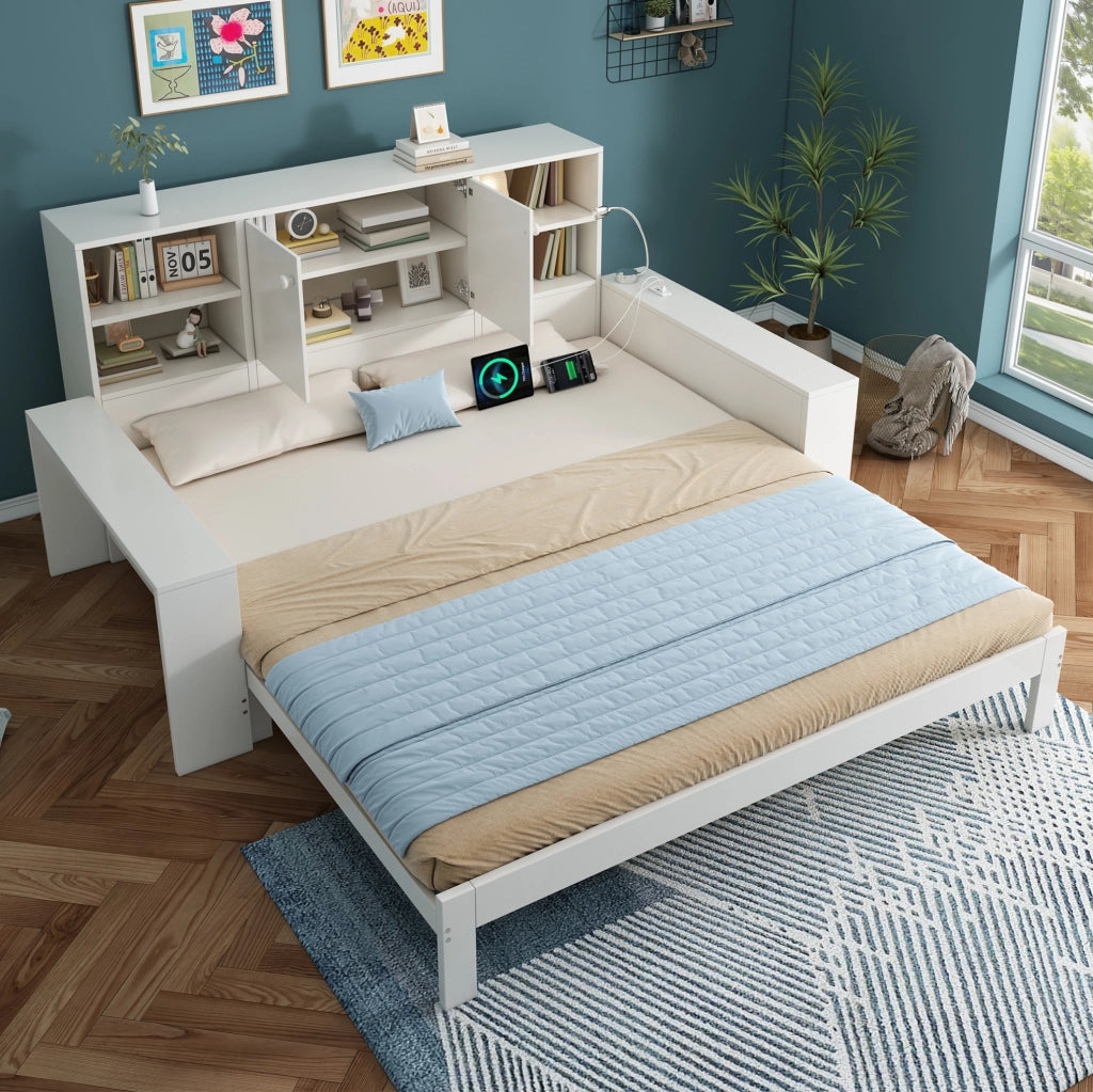 Letto a scomparsa con letto estraibile 90x200 cm; contenitore e porte USB; bianco