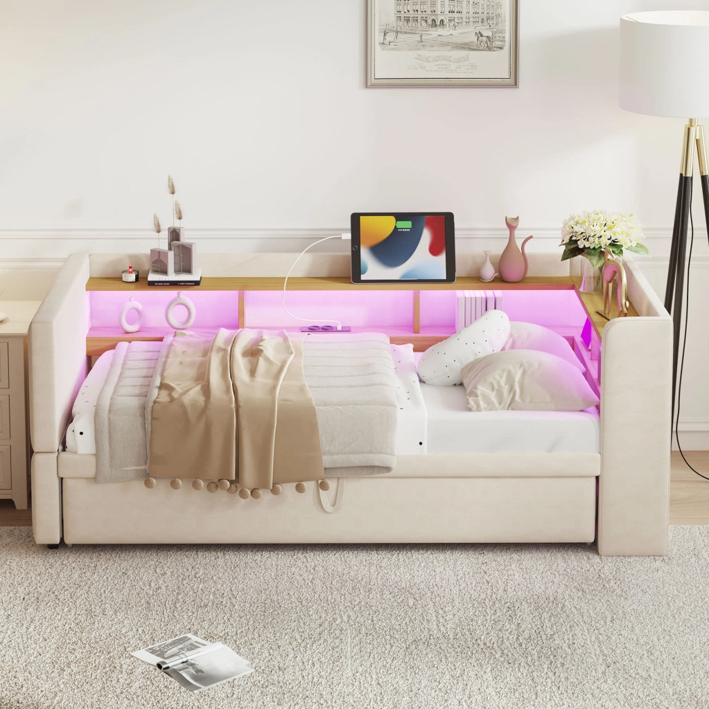 Divano letto imbottito estraibile 90/180 x 190 cm beige