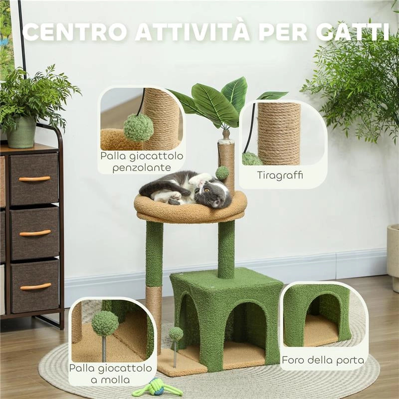ALBERO TIRAGRAFFI PER GATTI CON CASETTA LETTINO E 2 PALLINE IN LEGNO E POLIESTERE 44X30X98 CM VERDE E MARRONE