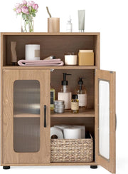 Mobile da Bagno, Mobiletto Salvaspazio con 2 Ante e Ripiano Regolabile a 3 Livelli, Scomparto Aperto, Design Anti-Ribaltamento e Piedini Rialzati, Armadietto per Lavanderia (Naturale)