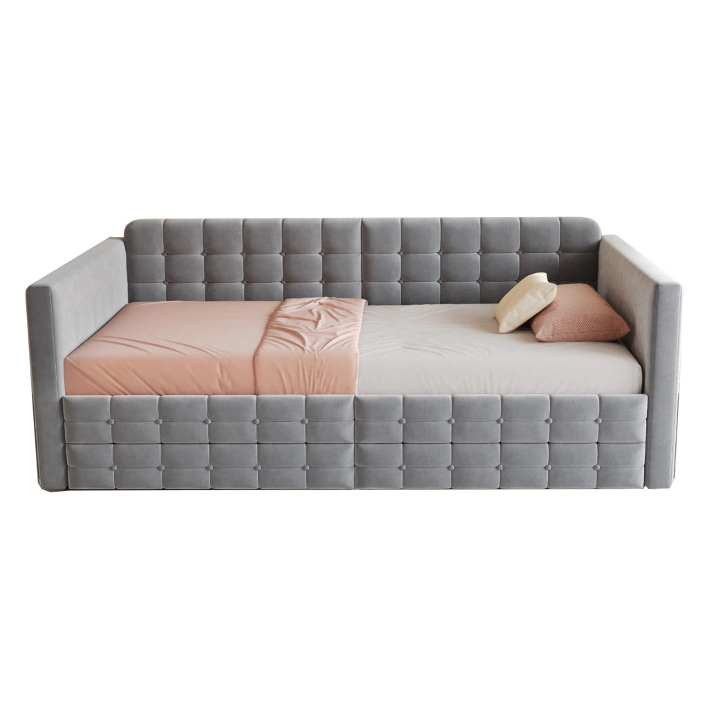 Letto imbottito 90x190 cm grigio con cassetti e tasche