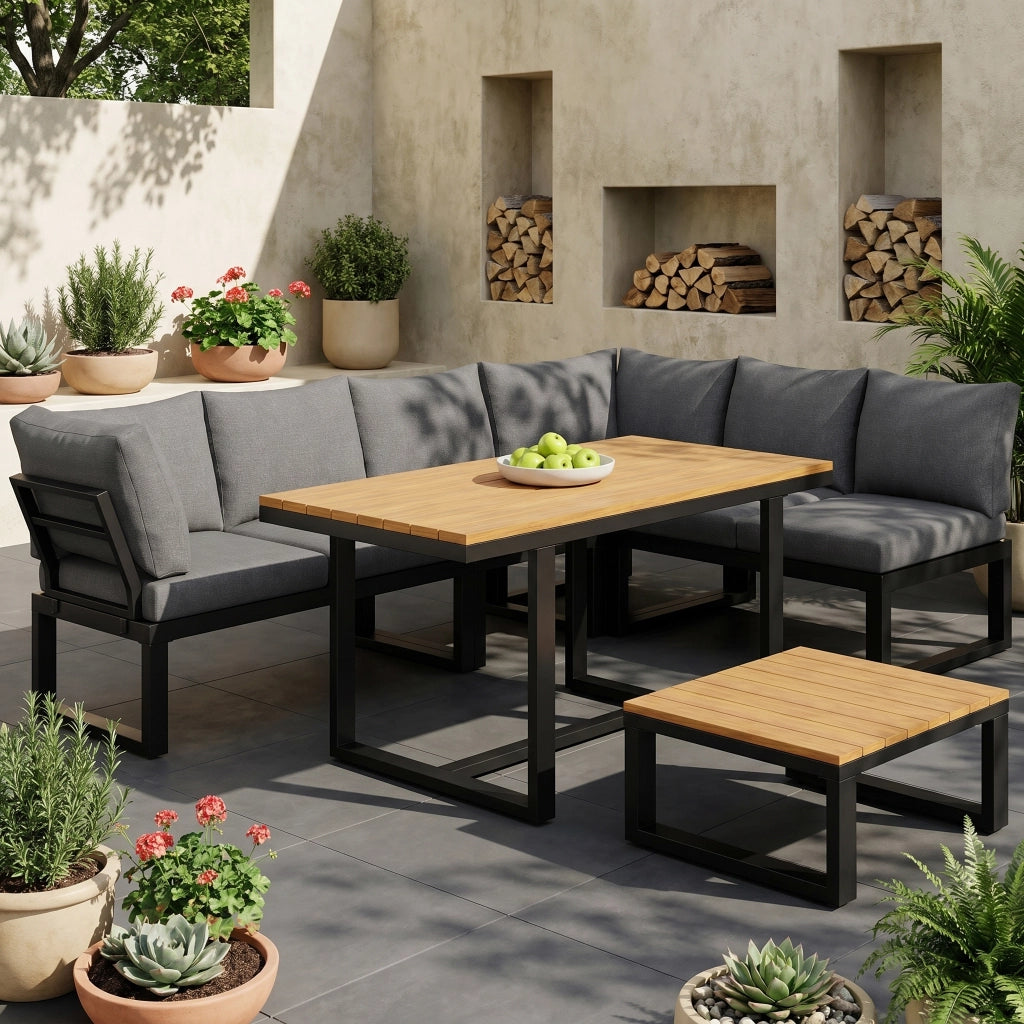 Set Giardino 6 Pezzi con Tavolo e Tavolino ¨C MINIMAL ¨C Polyrattan Grigio, Acciaio