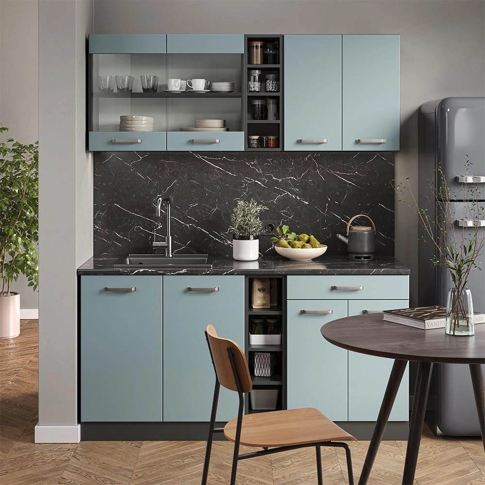 Cucina monoblocco R-Line, Blu-grigio/antracite, 160 cm Senza piano di lavoro, adatto per l'espansione individuale con moduli aggiuntivi