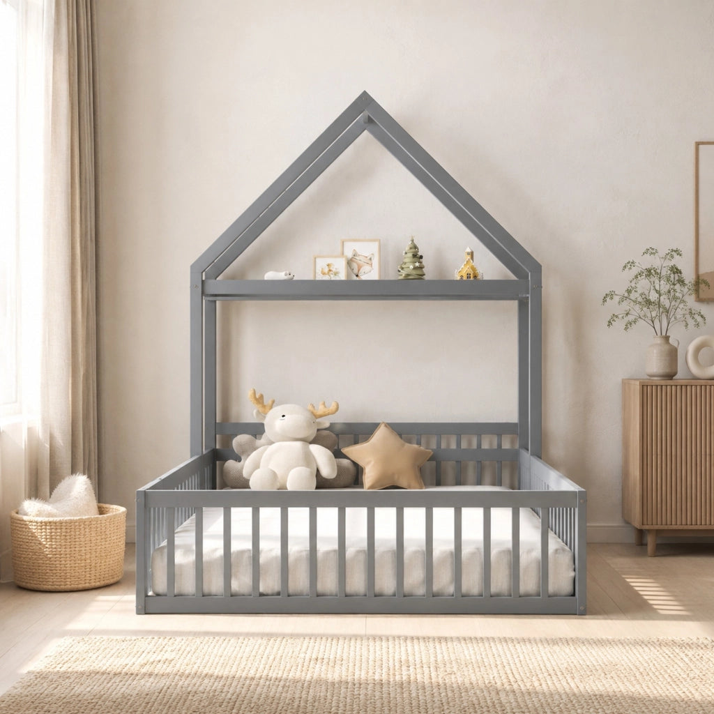 Letto per bambini a pavimento 140x200 cm grigio in legno massiccio di pino con sponda e spazio contenitore