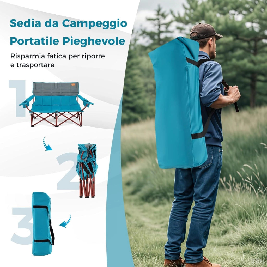 Sedia da Campeggio per 2/3 Persone, Divano per Picnic Pieghevole con Braccioli Regolabili e Portabicchieri, Sedia da Esterno Portatile con Borsa da Trasporto (147 x 69 x 82 cm,Blu)