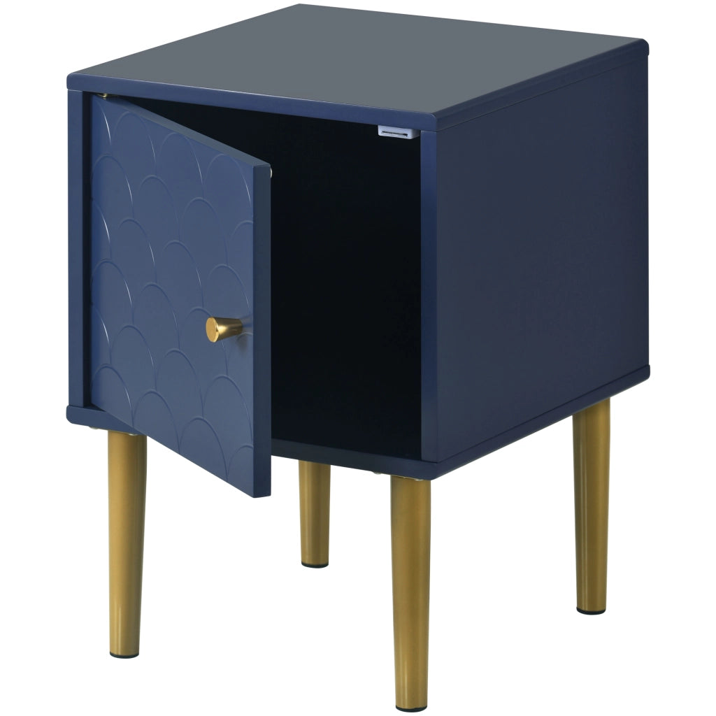 Comodino con 1 anta, motivo a squame di pesce, per camera da letto, in truciolare e metallo, blu marino, 35 × 35 × 51 cm